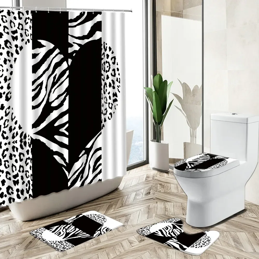 African Leopard Shower Curtain Set Love Geometric Stripes Flower Design Bathroom Decor Non-Slip Carpet Toilet Cover Floor Mat