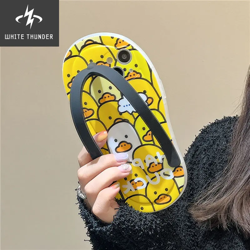 INS Korean Funny Cute Cartoon Yellow Duck 3D Flip Flops Phone Case For IPhone 13 12 11 Pro Max Animal Shockproof Soft Back Cover