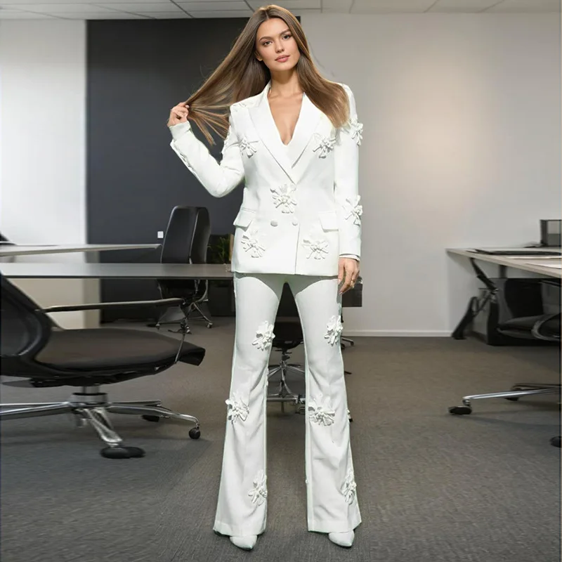 Fashionable Two-piece Suit Set, 2025 New Style, High-waisted Flared Trousers Three-dimensional Floral Pattern Women's Suit