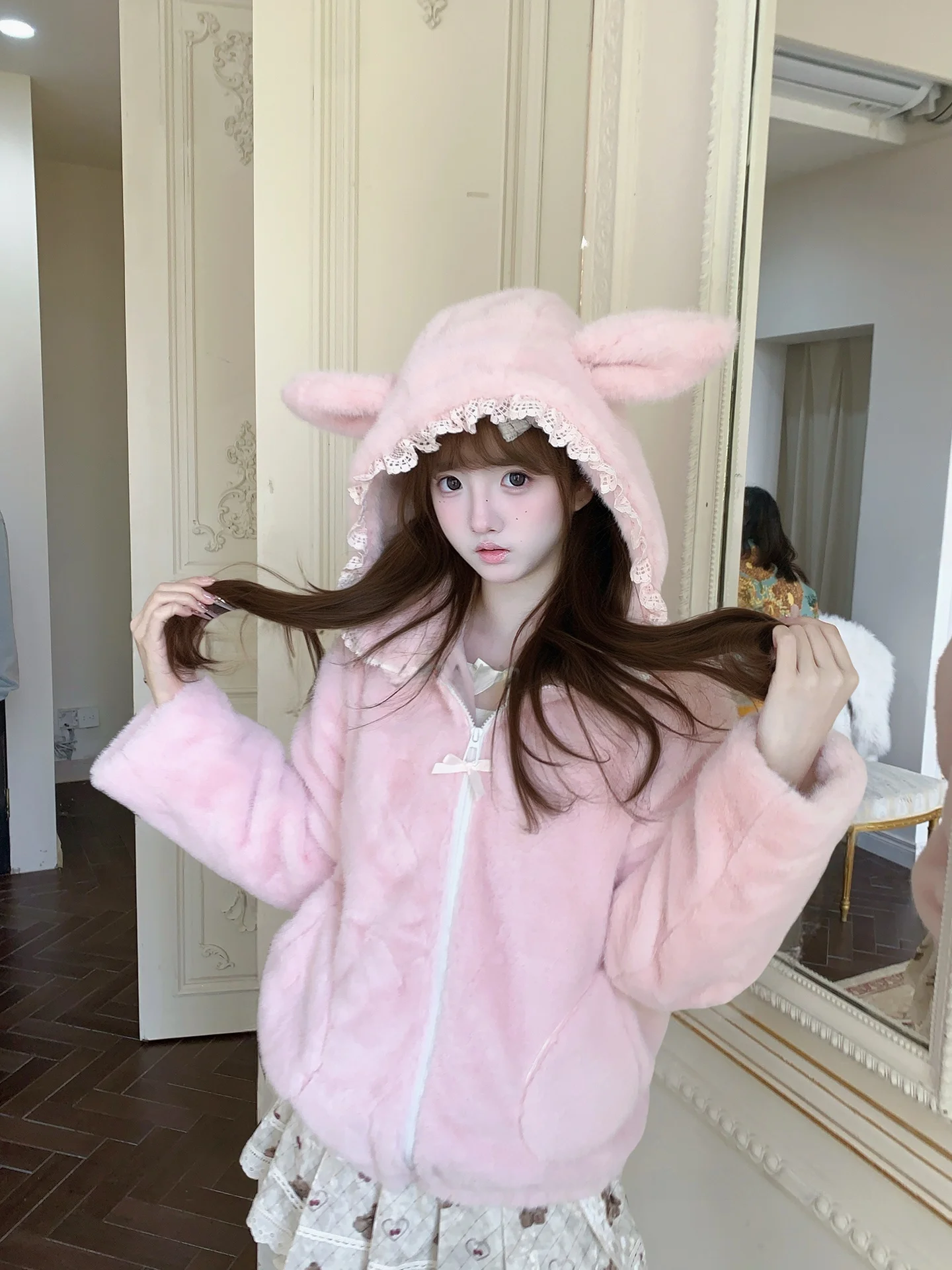 Warm Pink Plu Rabbit Coat Cotton Jaet Original Design Forest Girl Series Winter Faion Women's Sweet Sle Long Sve H...