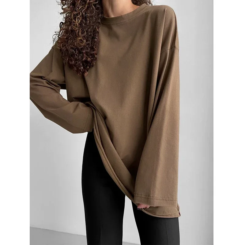 Classic OverSize Cotton T-shirt 2025 Spring and Autumn Women Fashion Casual Solid Color Loose O-Neck Long Sleeved Bottom T-shirt