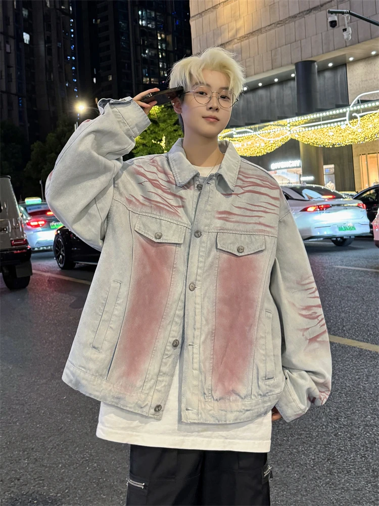 Retro American Washed Straight Spray Macau White Jeans Men's Loose Versatile Gradient Couple Jacket Coat Long Sleeve Flip Collar