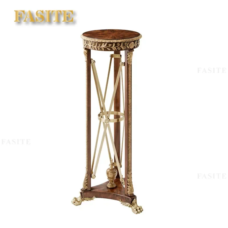 For European Neoclassical Solid Wood Side Table with Carved Details and Copper Inlay Flower Stand Lamp Table for Living Room