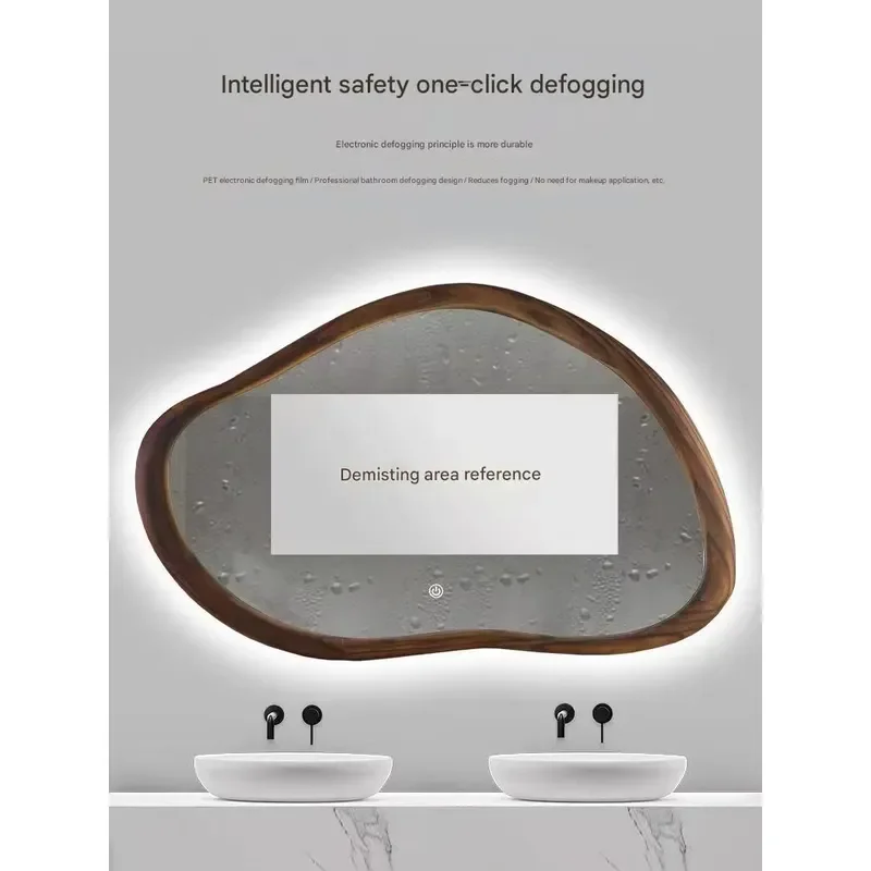 Retro Irregular LED Bathroom Mirror Wooden Frame Anti Fog Vanity Wall Decor Energy Saving Backlight Wholesale Home Decoration