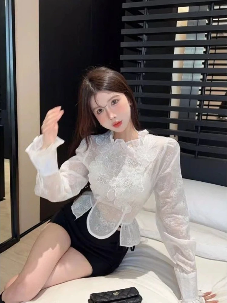

Korean 3D Lace Flower Patchwork Stand Collar Shirts & Blouses 2025 Early Autumn Shirt Women Y2k Slim Fit Long Sleeve Tops Mujer