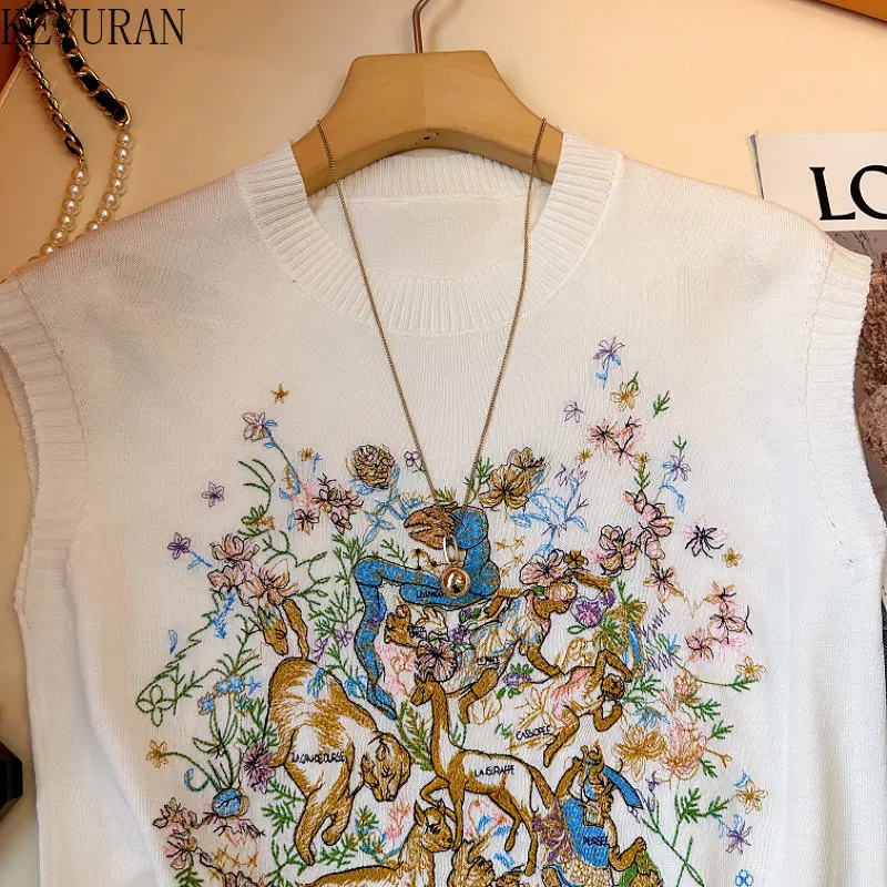 2023 Summer Embroidery Knitted Vest Women Vintage Pullovers Sleeveless Sweater Vests O-Neck Knitted Tank Crop Top Y2k Jumpers