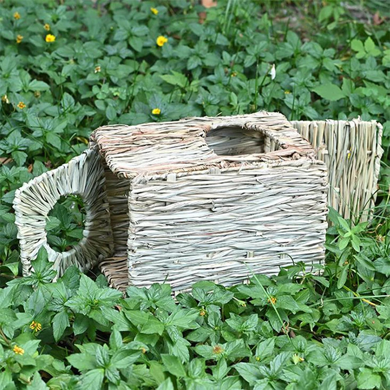 Foldable Woven Rabbit Cages Pets Hamster Bunny Grass Chew Toy Mat House Bed Nests For Small Animal Rabbit Accessories 2024