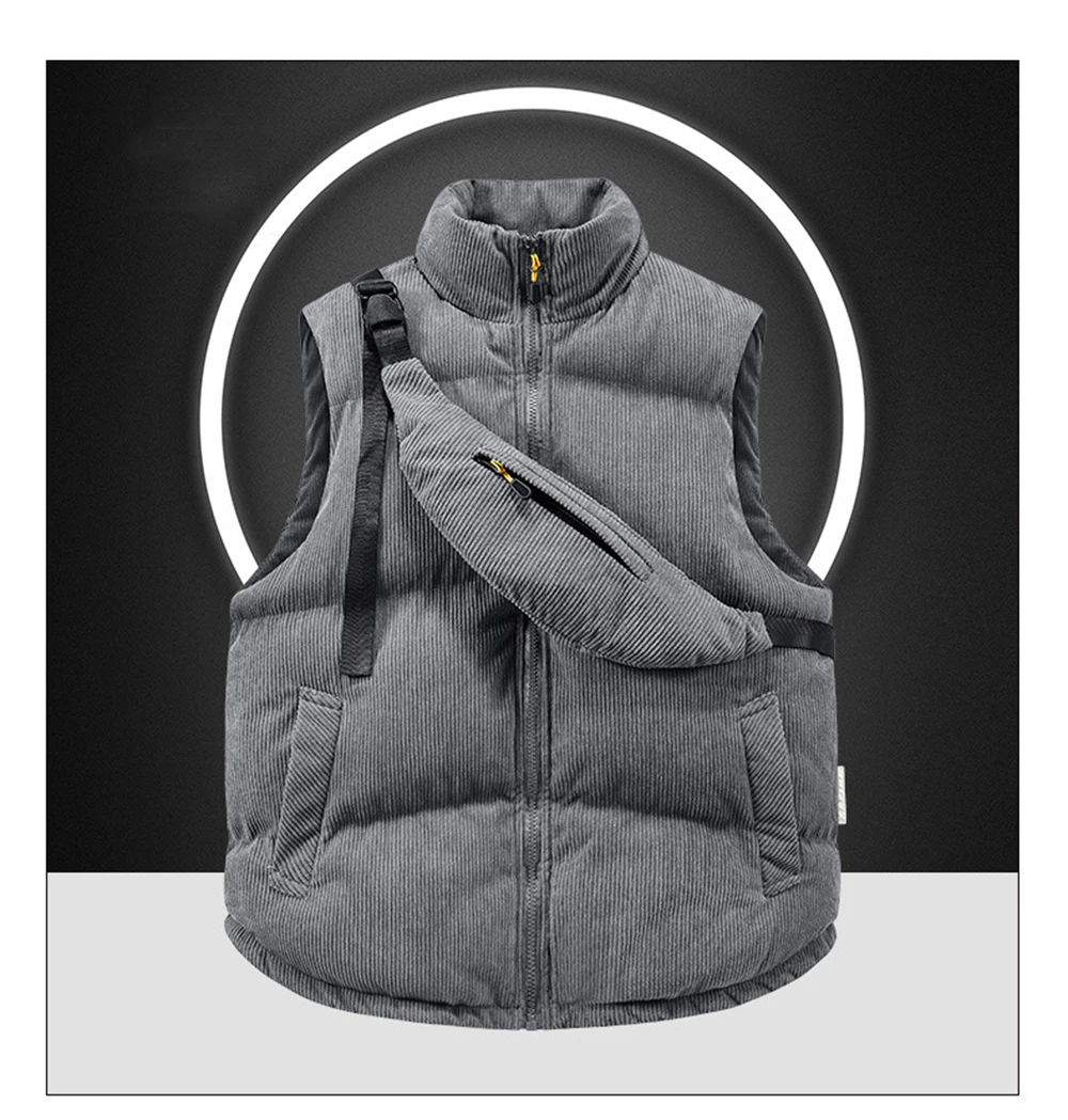 

Вельветовый воротник-стойка на молнии, мужской осенне-зимний новый хлопковый жилет 2025 года с сумкой через плечо, модная верхняя одежда без рукавов, жилет