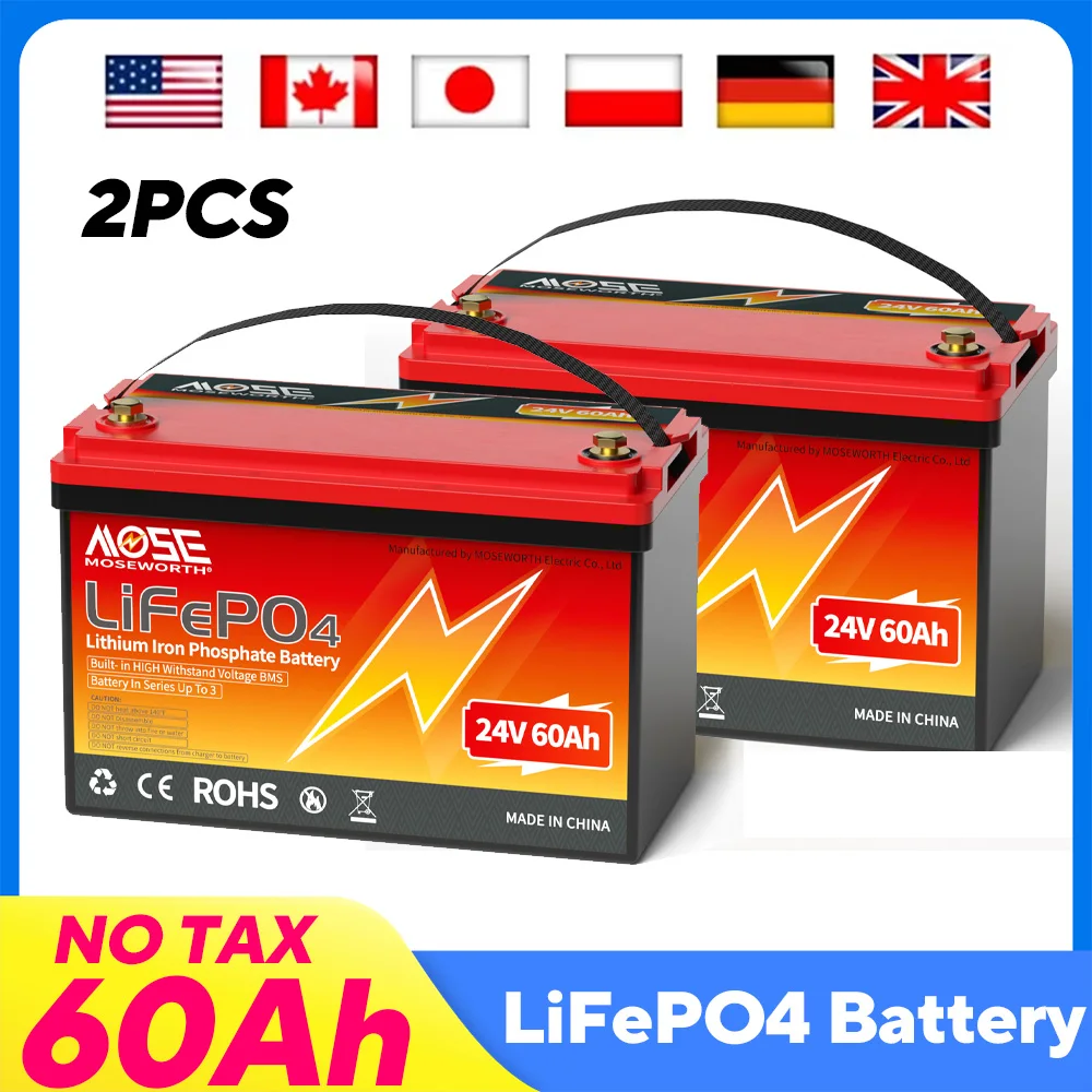 

2 шт. MOSEWORTH 24 В 60 Ач LiFePO4 аккумулятор с 60A BMS 8000 + циклы для кемперов автономная солнечная литий-железо-фосфатная батарея