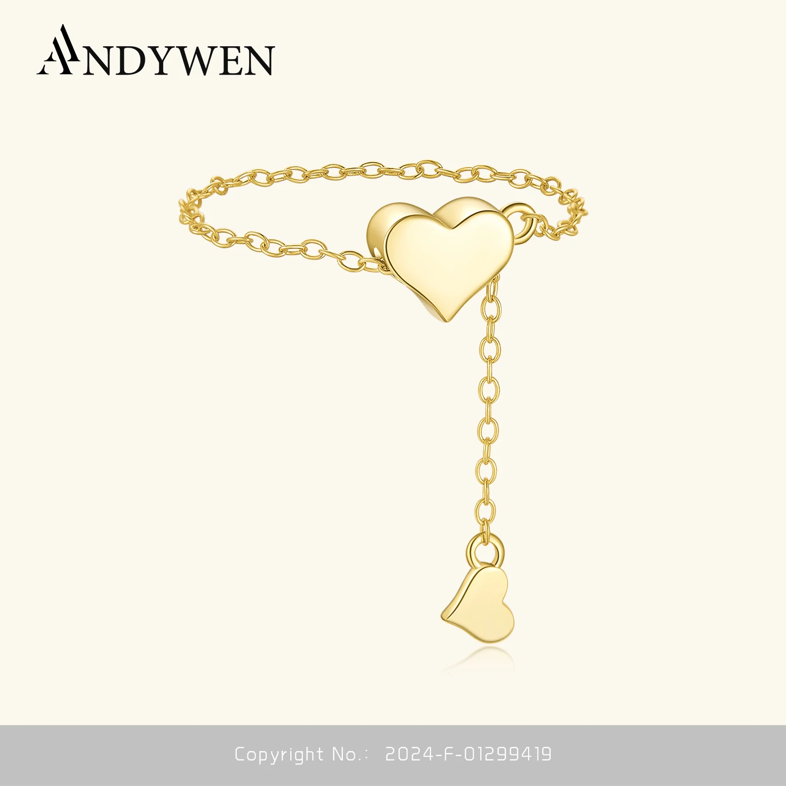 ANDYWEN Women 925 Sterling Silver Heart Adjustable Flexible Pulling Silica Stopper Plain Ring Transformer Anniversary Jewelry