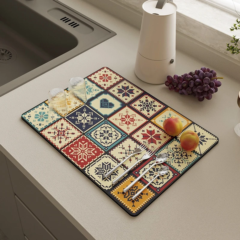 American Retro Diatomite Kitchen Countertop Drying Mat, Quick‑Dry Waterproof Non‑Slip No‑Wash Heat‑Resistant Absorbent Counter
