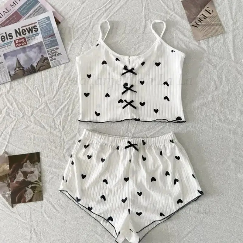 Sexy Heart Print Pajama Set for Women Sleepwear Silk Stain V-Neck Sleeveless Casual Cami Top and Shorts Sets Loungewear view 4