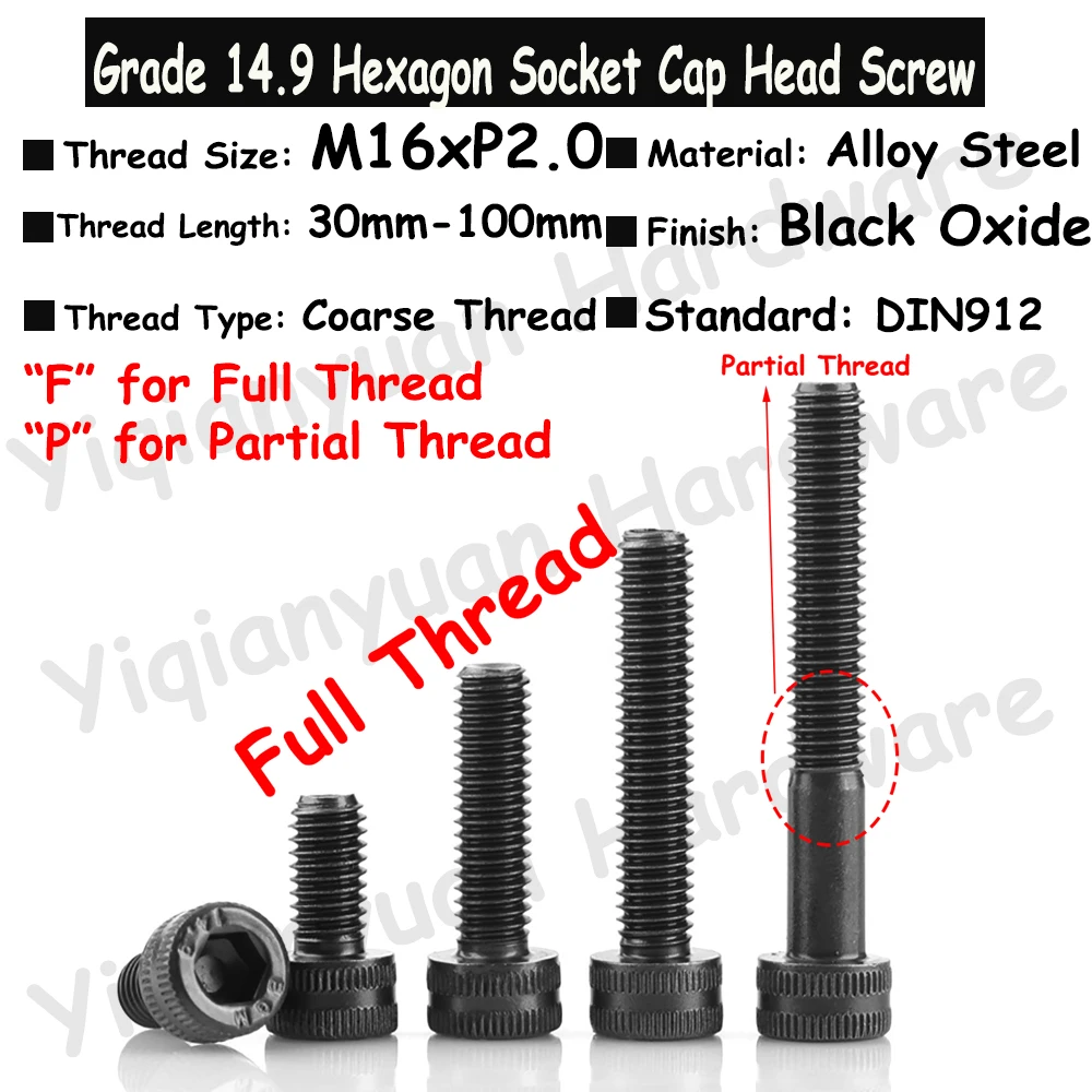 

1Piece~2Pcs M16xP2.0 DIN912 Grade 14.9 Alloy Steel Super High Strength Hexagon Socket Knurled Cap Head Screws Allen Key Bolts