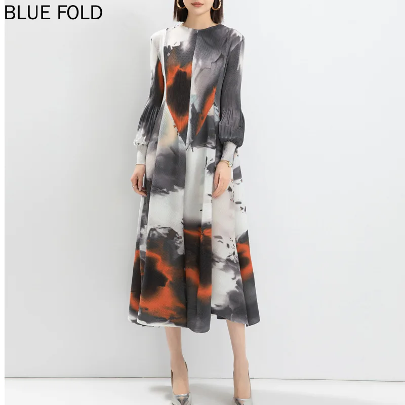 

Spring and Autumn High-end Fashion Printed Lantern Sleeves Loose Large Size Round Neck Long Dress Middle Eastern MIYAKE PLEATS