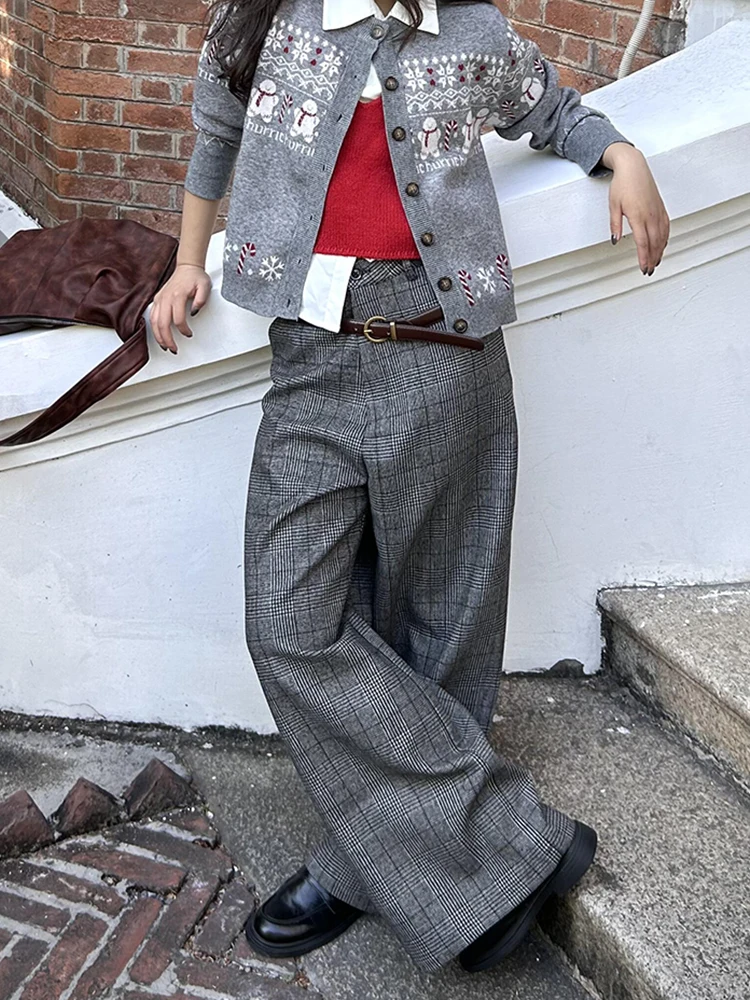 PBAP 市松女性ツイードワイドレッグパンツハイライズドレープベルボトムカジュアルルーズチェック柄スーツズボンラウンジレトロストリート