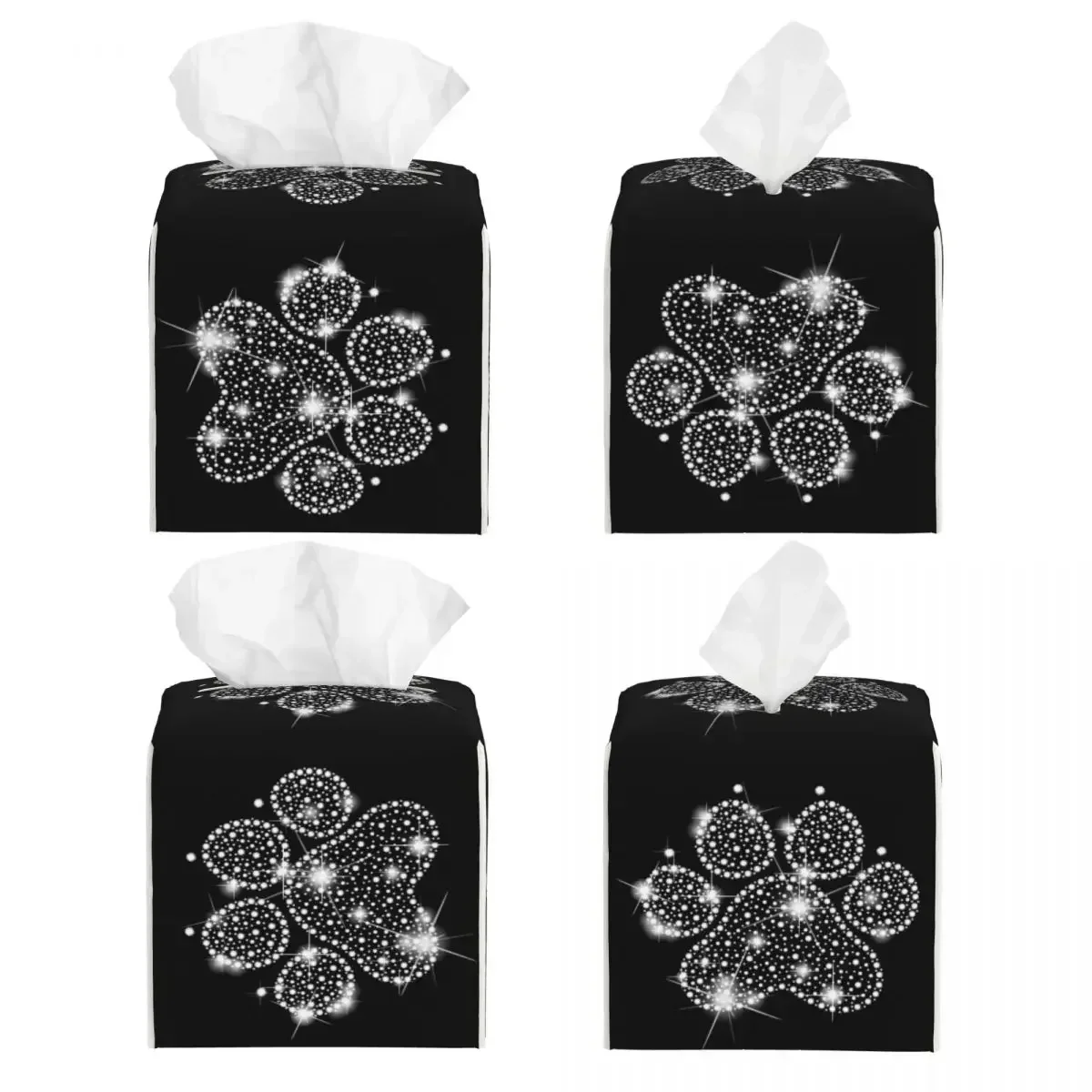 Custom Luxury Rhinestone Dog Paw Tissue Box Cover Square PU Leather Crystal Diamond Facial Tissues Holder for Bathroom