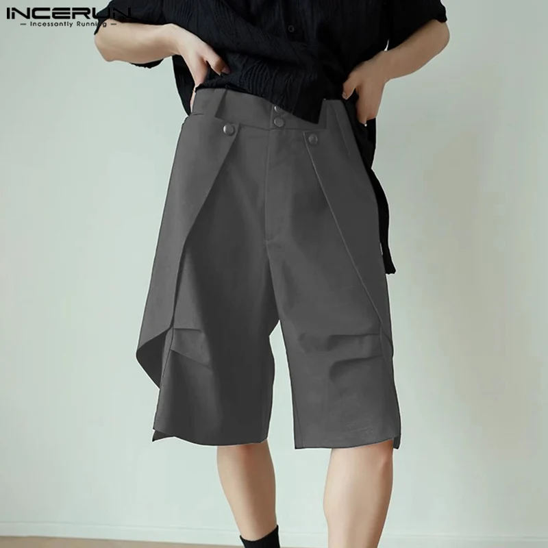 INCERUN Men Irregular Shorts Solid Color Button Loose Joggers Summer Casual Men Bottoms Streetwear 2024 Fashion Shorts S-5XL