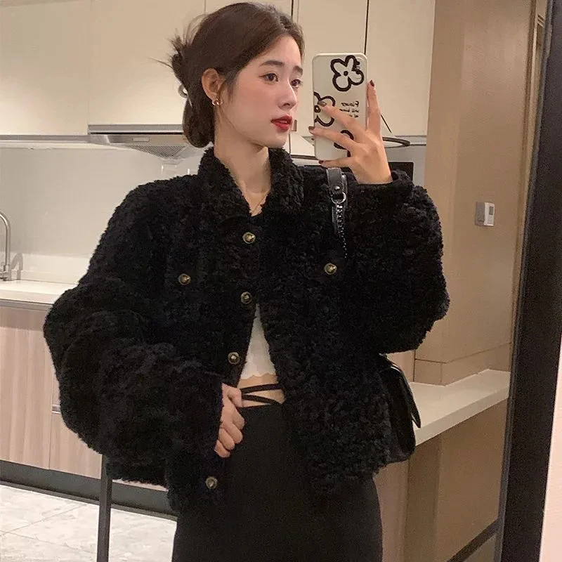 

Укороченная куртка из искусственного меха, женская зимняя толстая маленькая ароматная пуговица, свободные пальто с длинным рукавом, повседневная винтажная офисная женская новая верхняя одежда