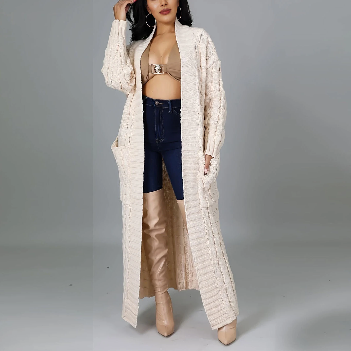 Pocket V-neck Long Knitted Cardigan Loose Casual Solid Long-sleeved Tops Coat Fashion Korean Oversized Sweater Cardigans Women