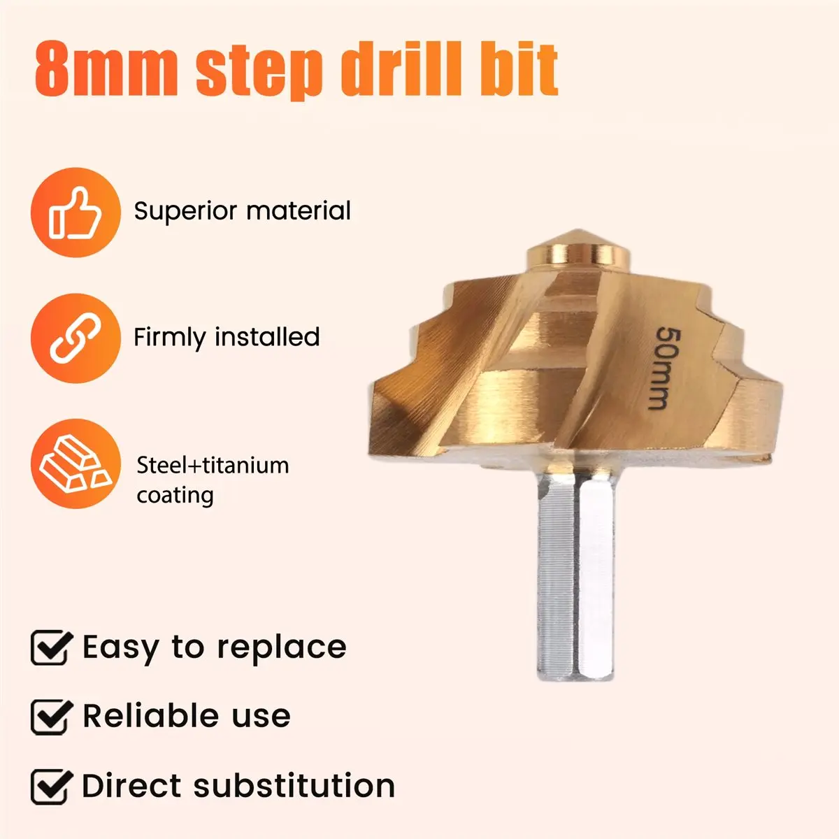AA14 8mm Shank PPR Lifting,Stepped Drill Bit,Water Pipe Connection Tool 50mm, for Water Pipe Repair
