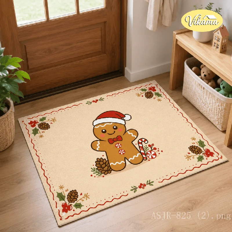 VIKAMA Christmas Gingerbread Man Doormat Non Slip Welcome Floor Mat for Front Door Living Room Holiday Home Decor