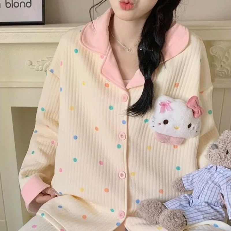 

Sanrio Hello Kitty women's Pajamas Set Sleepwear Thickened Air Cotton Layer Autumn Winter Home And Outdoor Wearable New Style