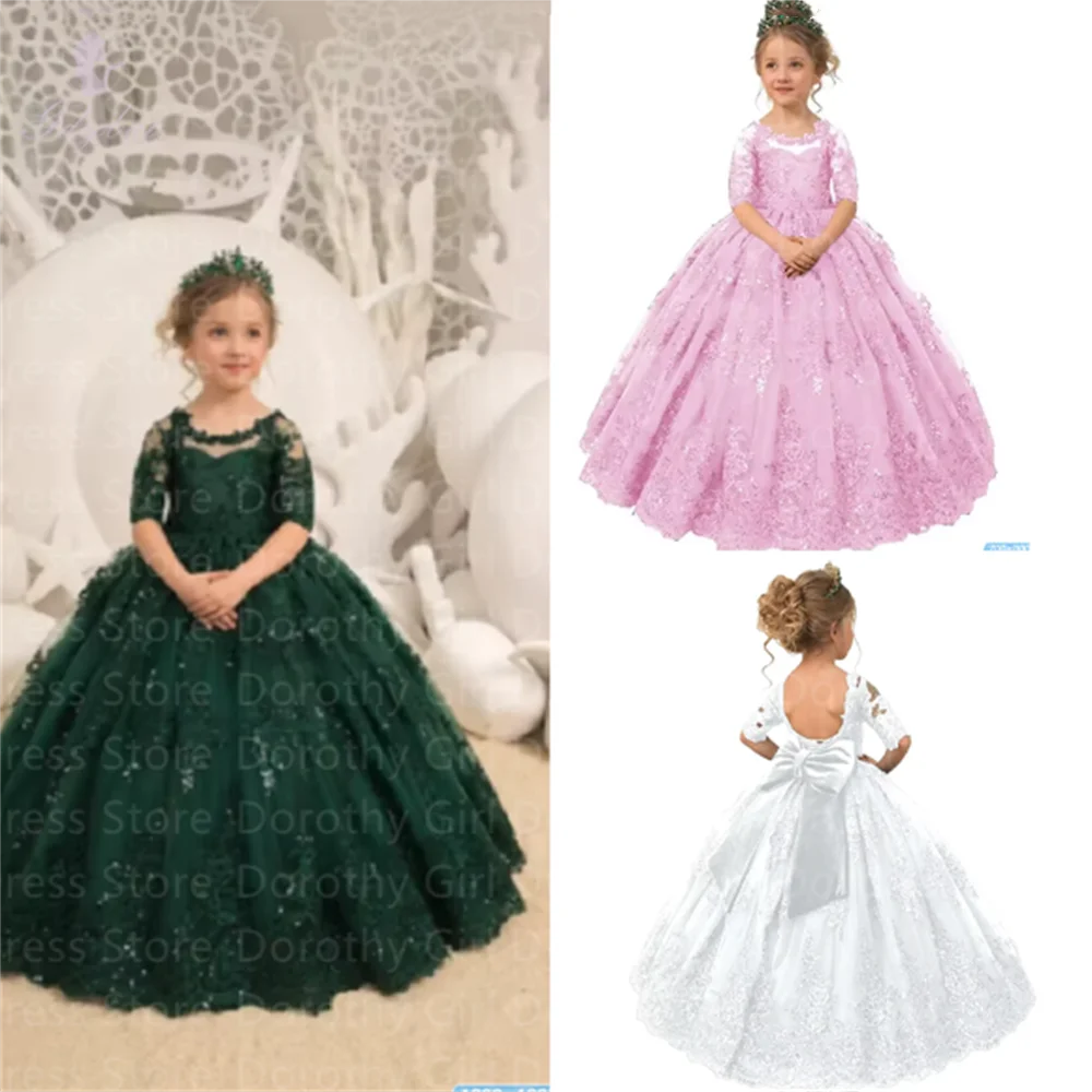 White Long  Half Sleeve Princess Flower Girl Dresses Appliques Bow Tulle Wedding Party Ball  Birthday Pageant Robe