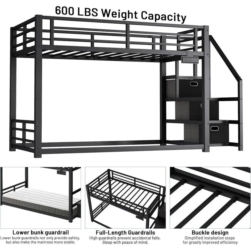 Space-Saving Twin Bunk Bed with Storage, Desk, Shelves, Power Outlet, LED Lights, Safety Rails & Metal Slats - Black view 4