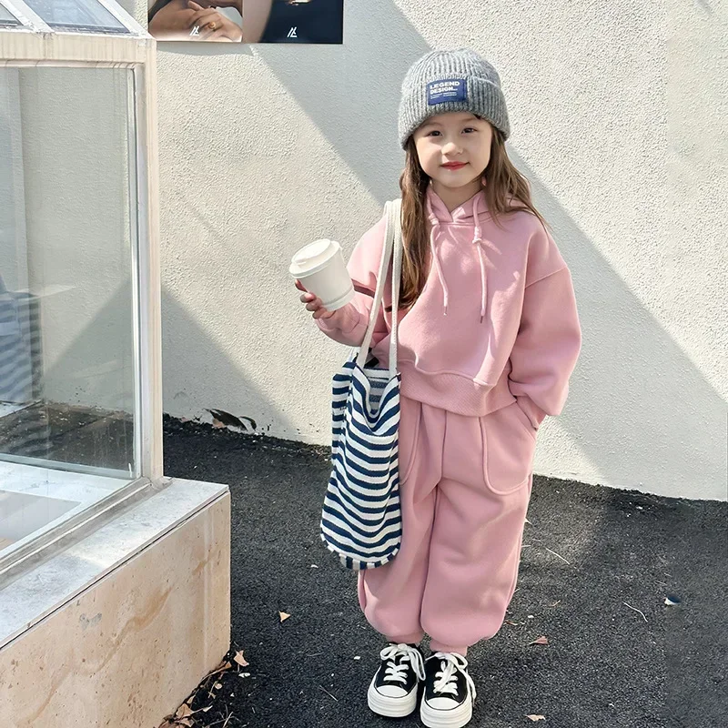 Children Clothes Set Girls Korean Style Casual Warm Fleece Solid Color Fashionable Warm Comfortable Hoodie Pants Two Piece Set