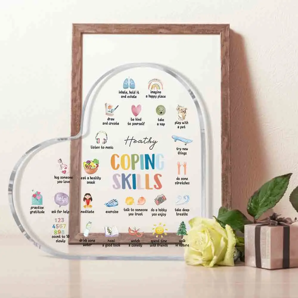 Clear Heart Shaped Acrylic Stand Coping Skills List Therapy Office Mental Wellness Table Sign