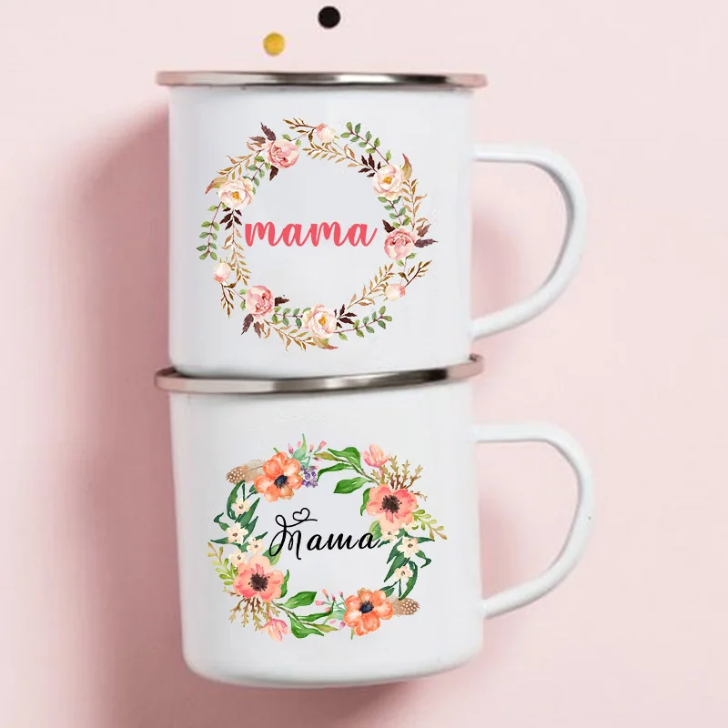 

Flower Mama Print Enamel Coffee Mugs Mother's Day Gift Vintage Wine Cocoa Juice Drink Tea Cups Mug Home Office Kitchen Drinkware