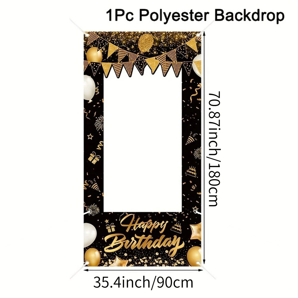 Fotobox-Rahmen Schwarz-Gold Geburtstagsparty Foto-Requisite Polyester Happy Birthday Foto-Hintergrund-Banner für Geburtstagsparty-Dekoration – Detail 1