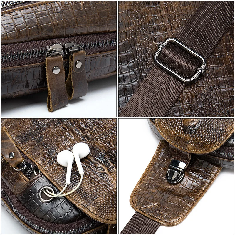 الرجال النساء التمساح نمط حقيبة كتف جلد البقر الحقيقي الترفيه في الهواء الطلق رسول حقائب كروسبودي حبال الصدر حزمة للجنسين #5
