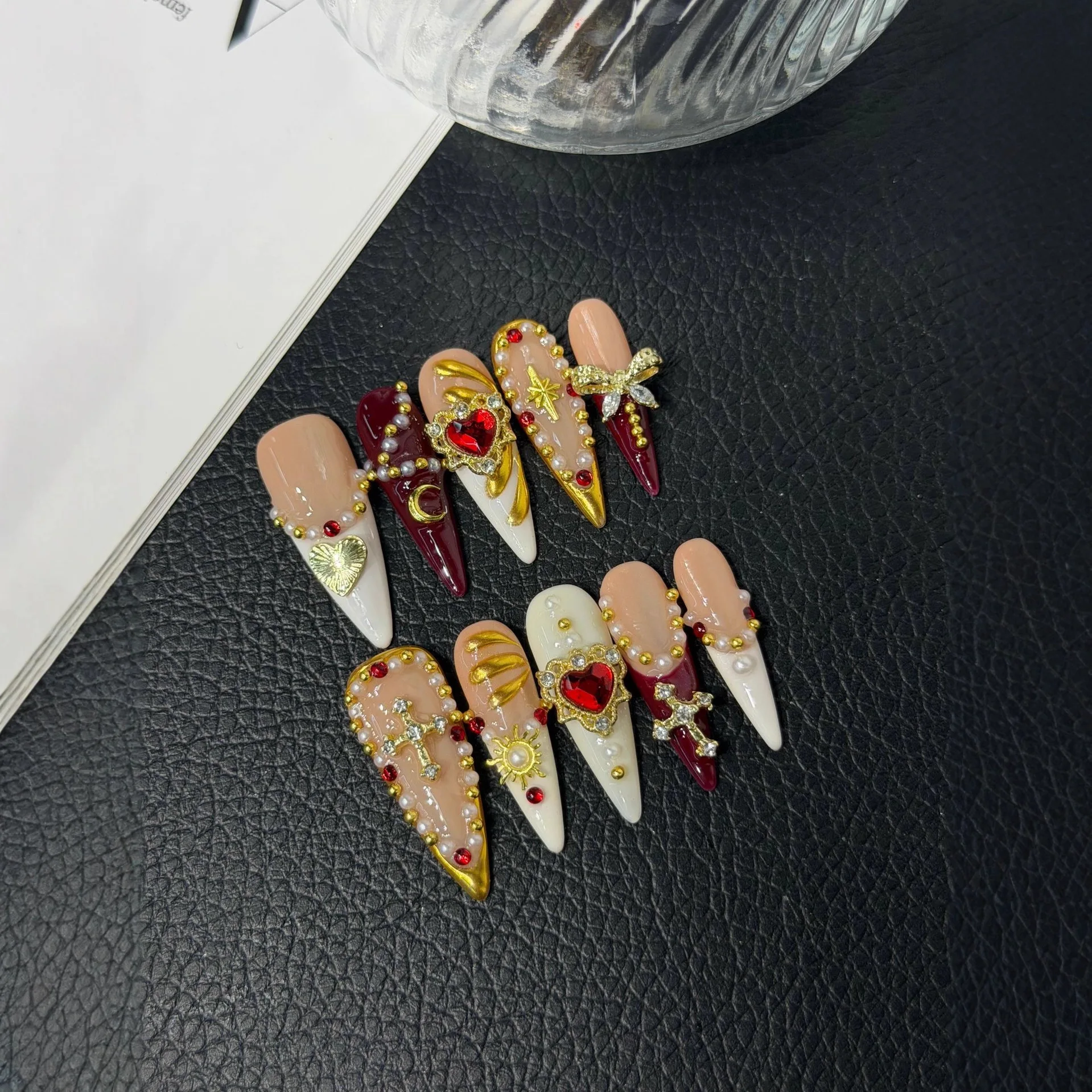 10 Uds. de Uñas Postizas Retro Largas Hechas a Mano, Diseños Franceses Dorados, Uñas Acrílicas de Lujo, Uñas Postizas Exquisitas