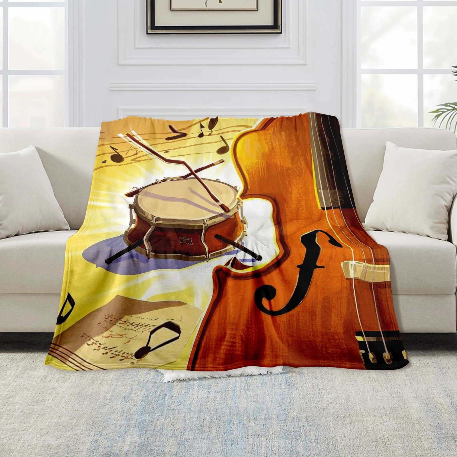 Adorable Cello And Small Drum Theme Blanket, Perfect For Decorating Homes And Gifting.