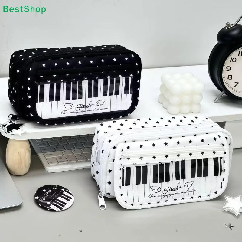 〔Z〕 Kawaii Star Piano Keyboard Print Pencil Case Large Capacity With Clear Window Pen Bag Multi-Layer Stationery Pouch Students