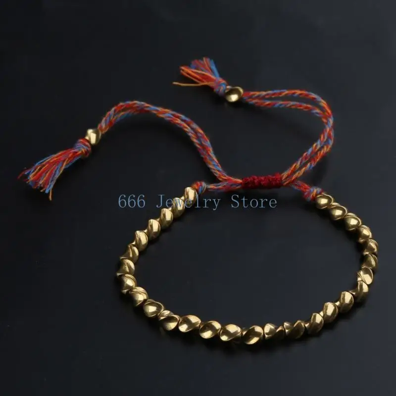F2TD Hand-Woven Braided Cotton Luck Rope Tibetan Copper Bead Bracelets for Friendship