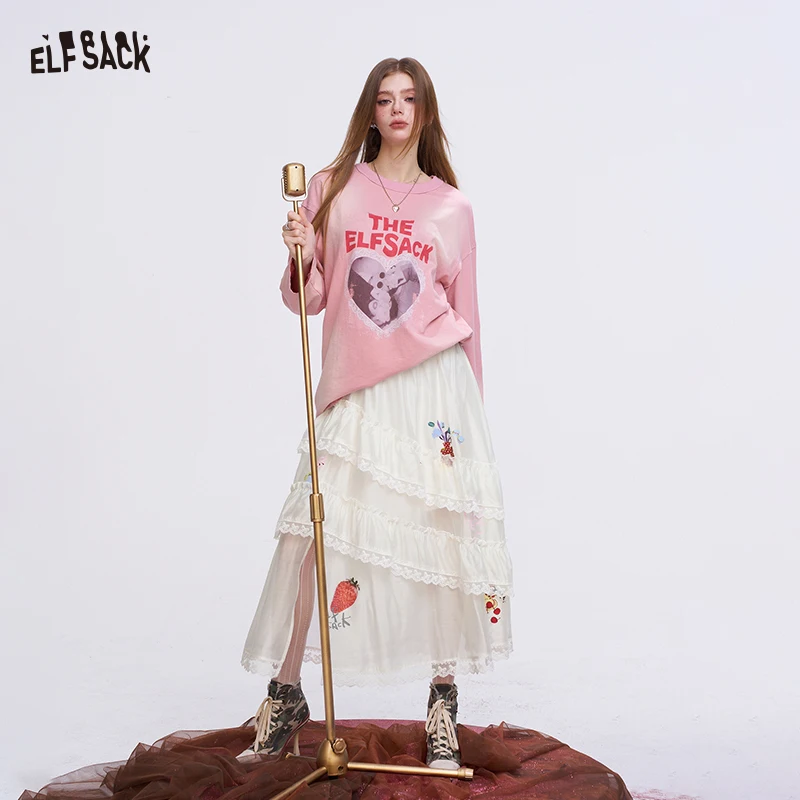 ELFSACK White Layered Lace Patchwork A-Line Skirt Design Sense Skirt Strawberry Floral Print for Women