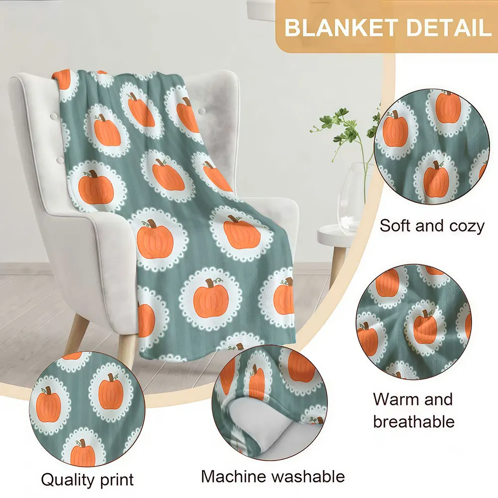 Autumn Pumpkin Check Print Soft Warm Flannel Blanket Lightweight Cozy Christmas Halloween Home Decor Room