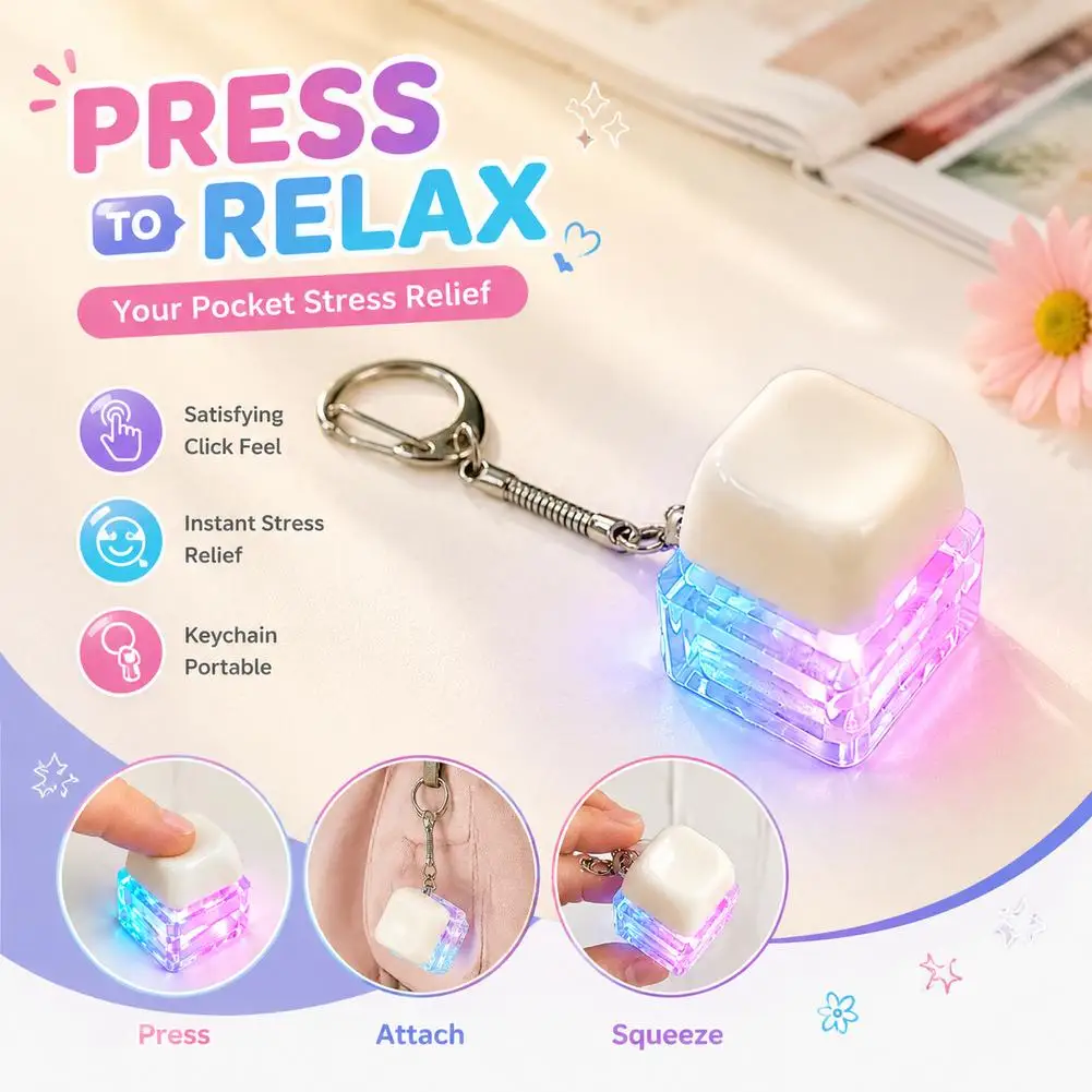 LED Keyboard Keychain Clickable Button Fidget Stress Relief Anxiety Portable Desk Accessory Office Decor Gift for Adults