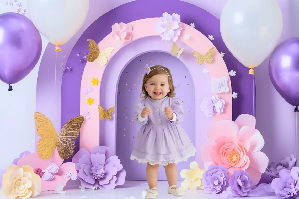 Photography Background Purple Balloons Butterfly Wonderland Girl Birthday Party Cake Smash Decor Photo Backdrop Studio