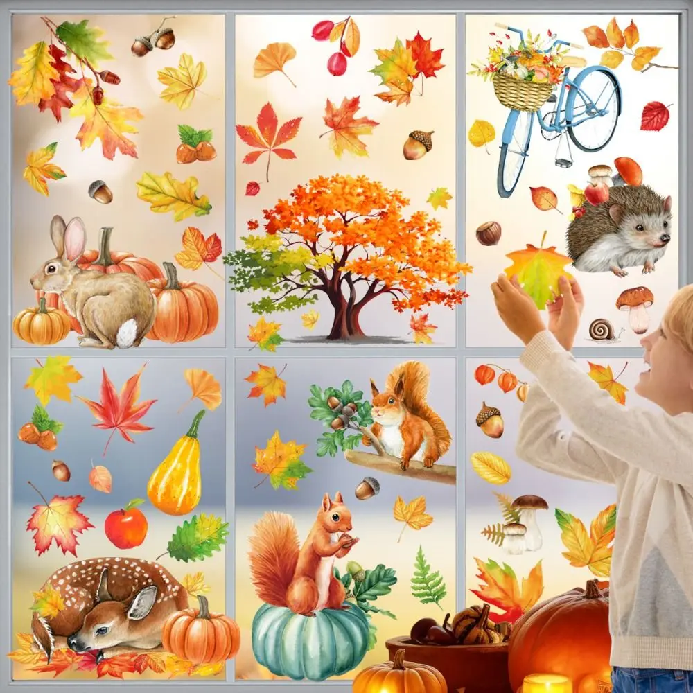 Double-Sided Fall Window Clings Reusable PVC Window Decals Pumpkin Scarecrow Design No-Adhesive Static Cling