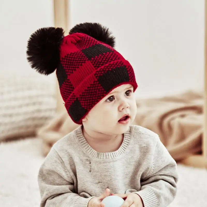 Parent-Child Christmas Hat Big Pompom Mother Kids Knit Beanie Cap Winter Warm Infant Bonnet Girls Boy Xmas Gift Baby Accessories