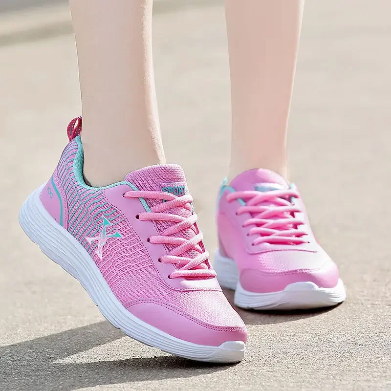 Sports Shoes for Fitness for Women Lightweight Breathable Running Shoes Non Slip Knitted Pink Sneakers Soft SoleCasual Flats Gra