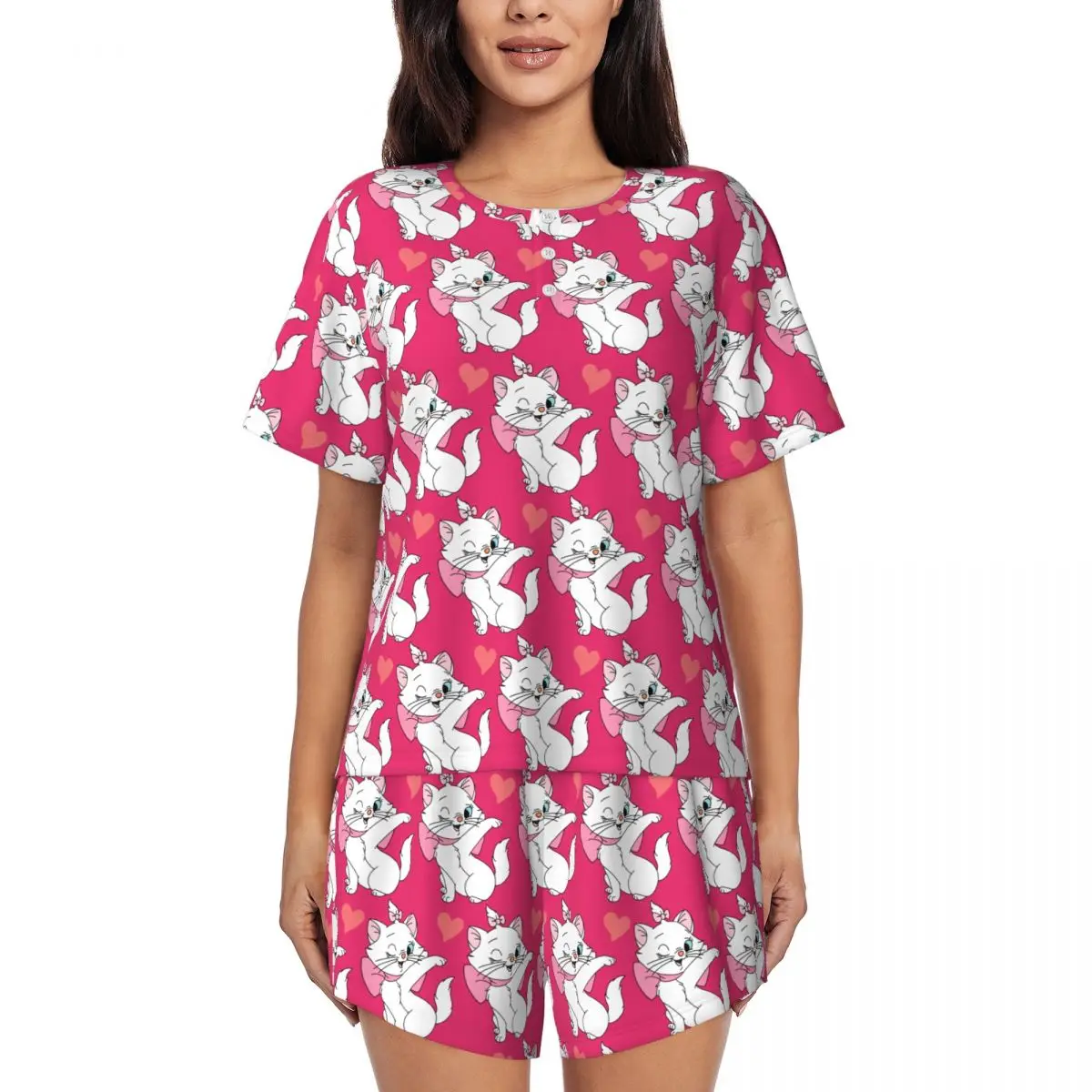 

Custom Printed Women Kawaii Marie Cat Pajamas Set Short Sleeve Funny Cartoon Kitten 2 Piece Sleepwear Pj Lounge Sets