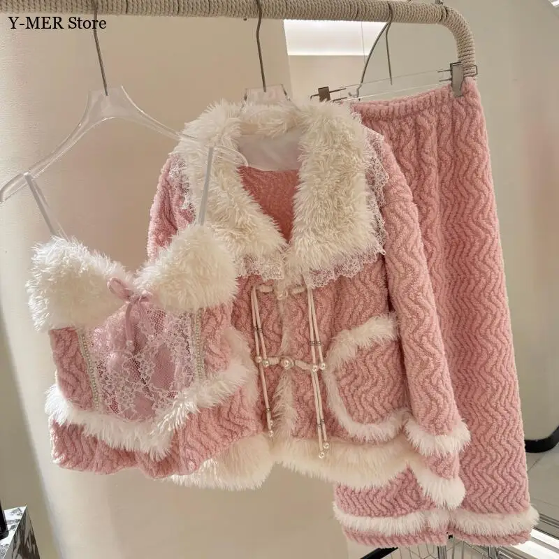 2025 New Winter Princess Homewear Sexy Hollow Out Lace Sling Top Coat Pants Pajamas Suit Thicken Flannel Sleepwear Outwear