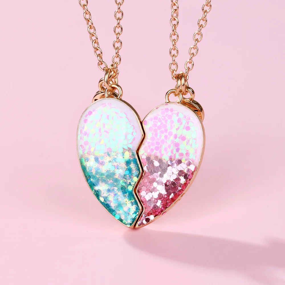 Karsyngirl 2Pcs/set Cute Sequin Heart-shaped Stitching Best Friend Necklace BFF Friendship Jewelry Gifts for Girls