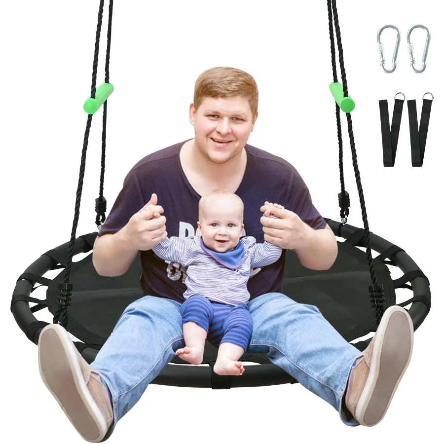 Round Saucer Swing with Handles and 5FT Extra Straps - Sturdy FramePP Mat Adjustable Multi-Strand Ropes Safe Durable for Yard G