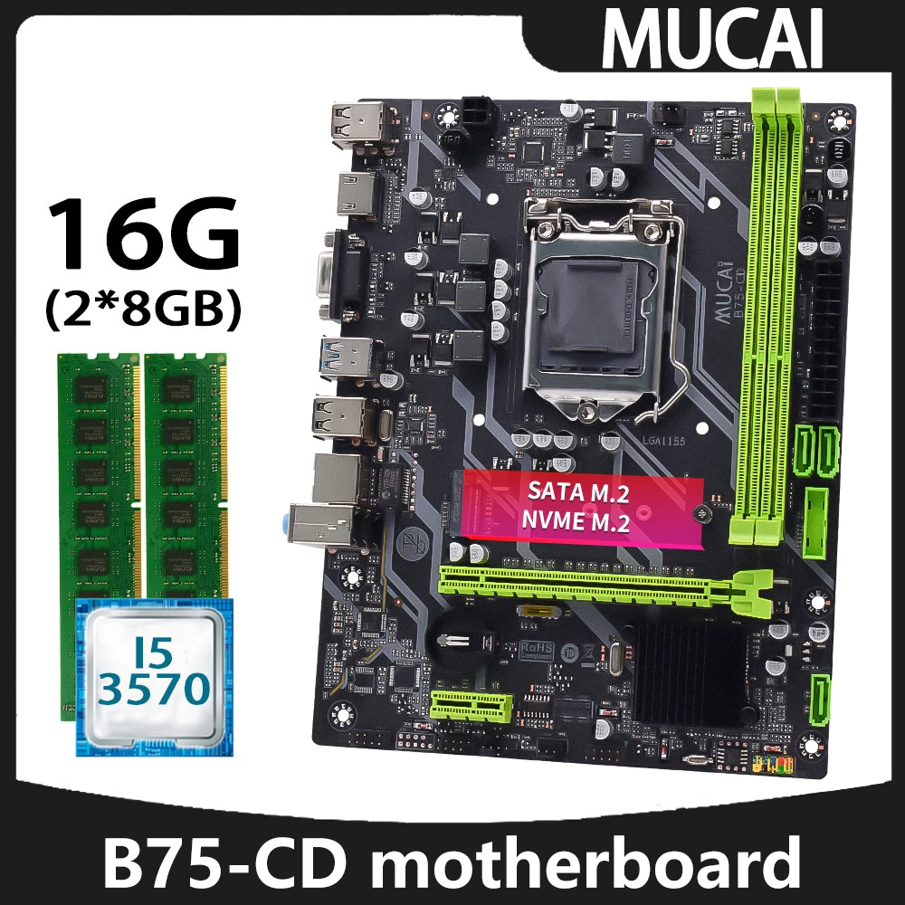 MUCAI B75 motherboard LGA 1155 kit set With Intel core i5 3570 CPU processor and DDR3 16GB(2*8GB) 1600MHZ RAM memory PC Computer