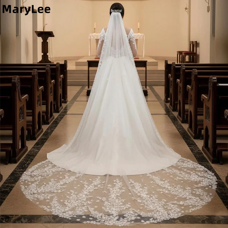 

Customized Flower Lace Appliques Wedding Veil 1 Tier Soft Tulle 3 M Long Cathedral Bridal Veil with Comb Wedding Accessories